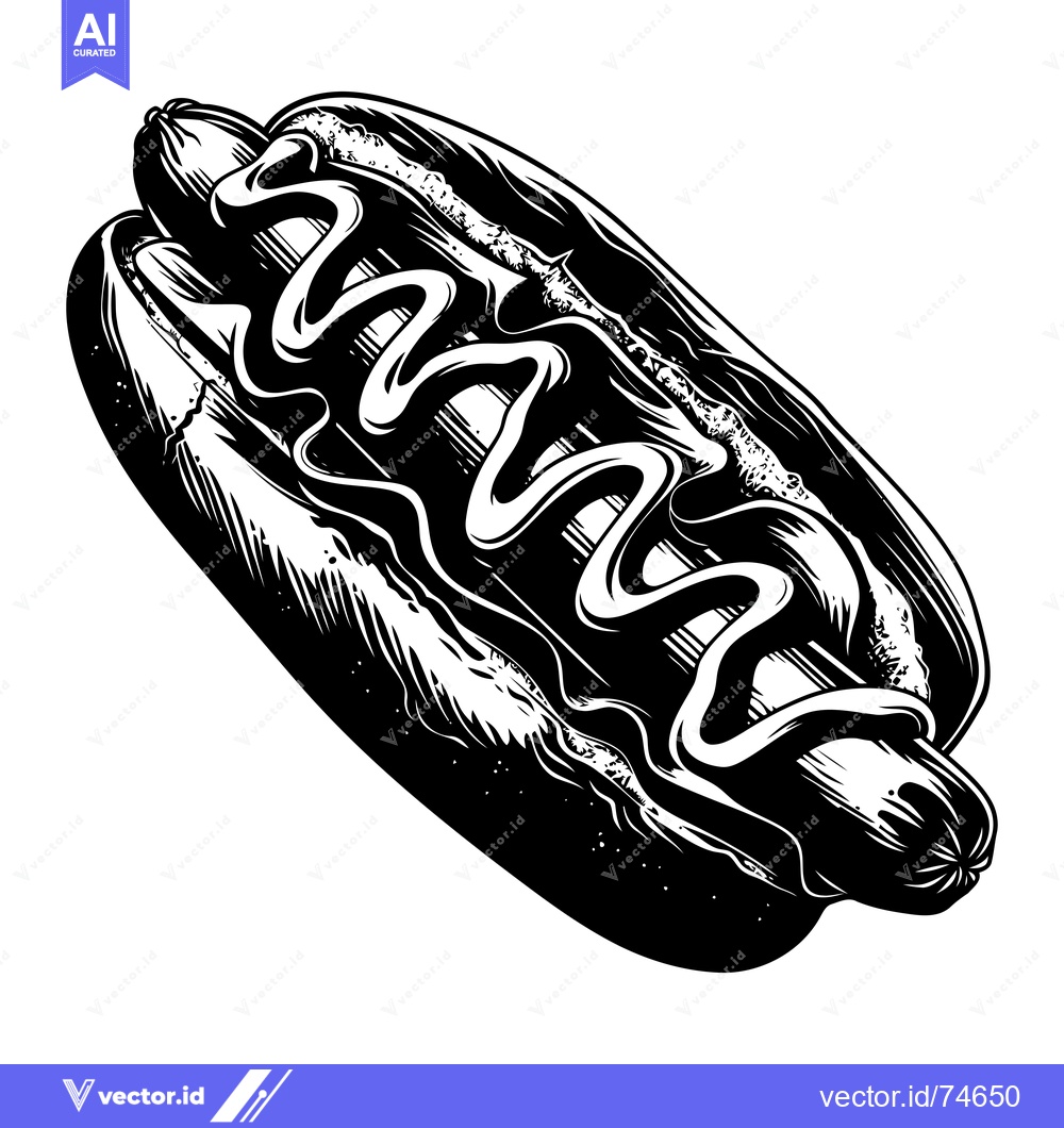 Premium Vector of A Black and White Illustration of a Hot Dog with Mustard