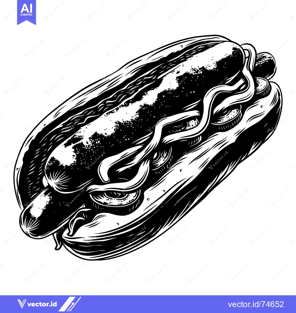Premium Vector of Black and white illustration of a hot dog with mustard and relish