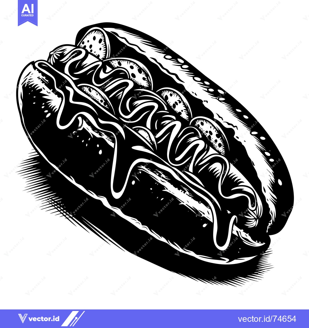 Premium Vector dari Black and White Illustration of a Hot Dog with Mustard and Relish