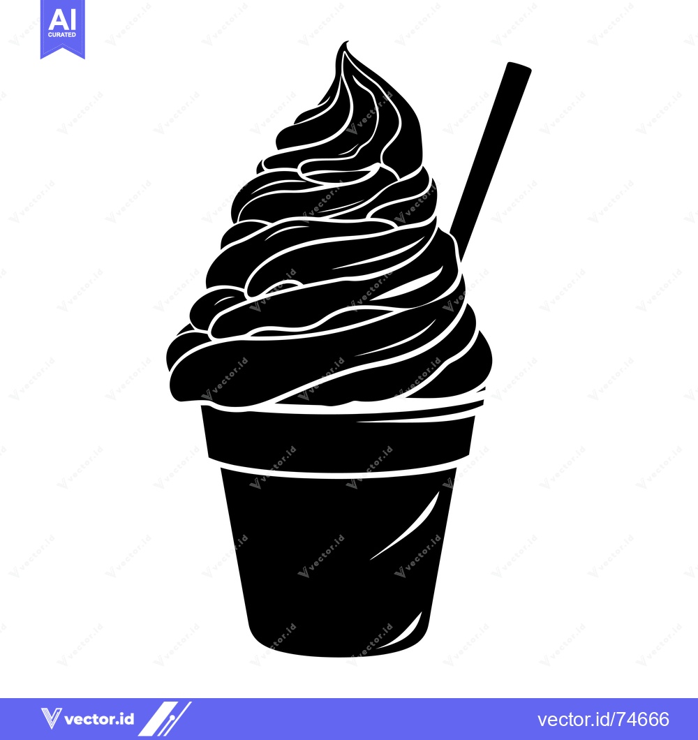 Premium Vector of Black and White Silhouette of a Swirled Ice Cream Cup with Straw