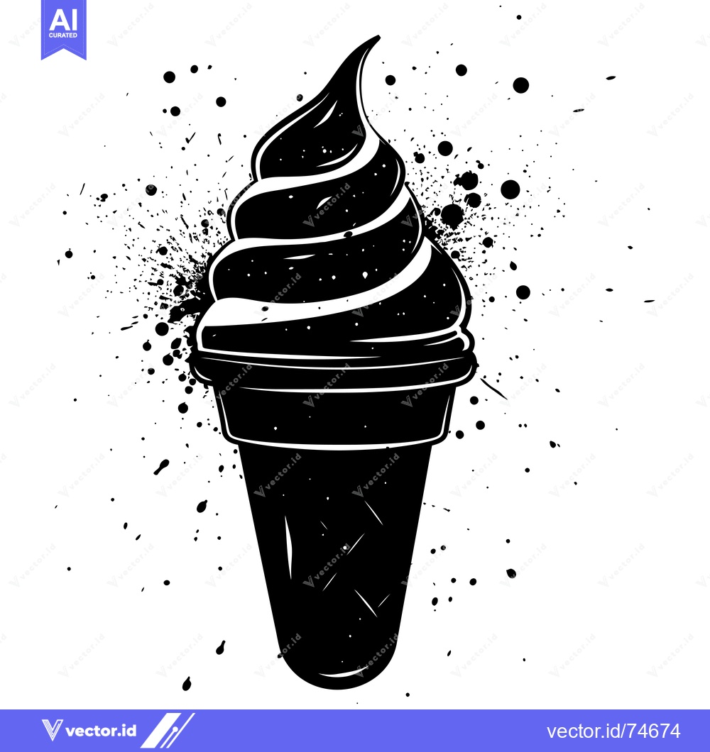 Premium Vector dari Black and White Silhouette of an Ice Cream Cone with Splashes