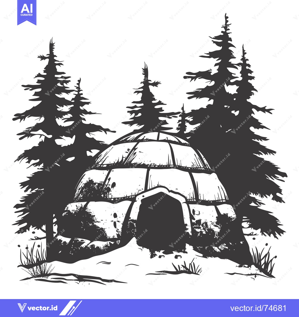Premium Vector dari A Black and White Illustration of an Igloo in a Snowy Forest