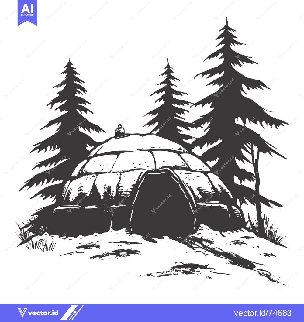 Premium Vector dari A snow igloo with a dark entrance nestled among three pine trees
