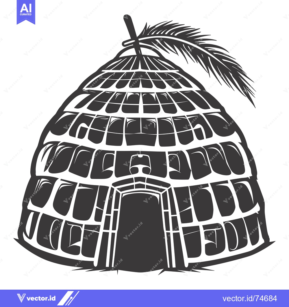 Premium Vector of Black and White Illustration of a Traditional Hut with a Palm Leaf