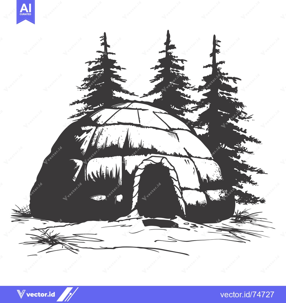 Premium Vector dari A Hand-Drawn Sketch of an Igloo in a Snowy Landscape with Fir Trees