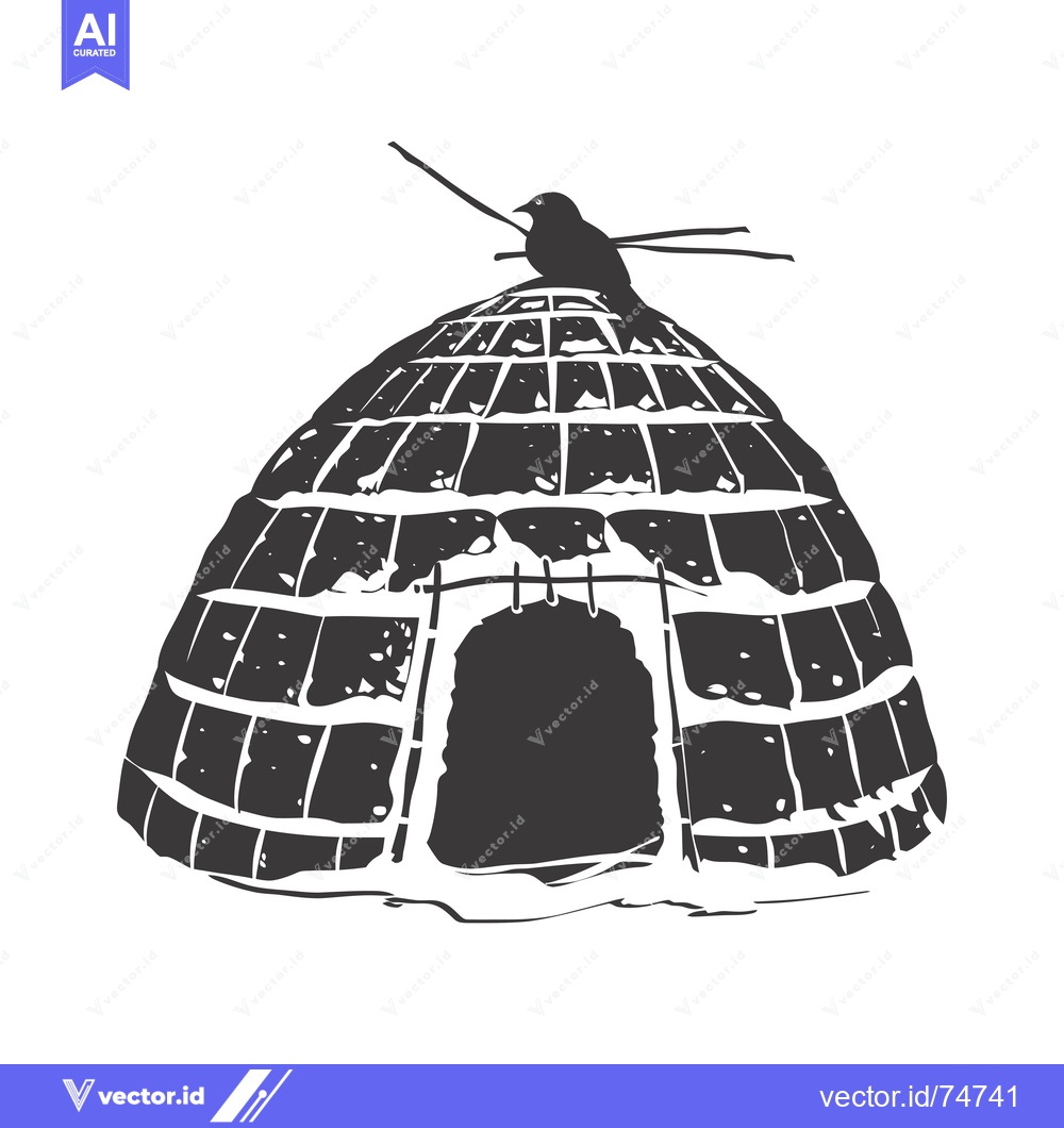 Premium Vector of A Black and White Illustration of an Igloo with a Bird on Top