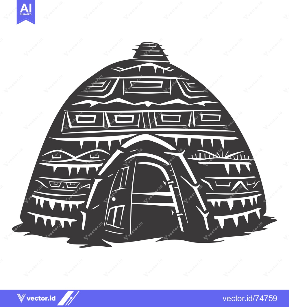 Premium Vector dari Stylized Black and White Illustration of a Tribal Hut with Geometric P