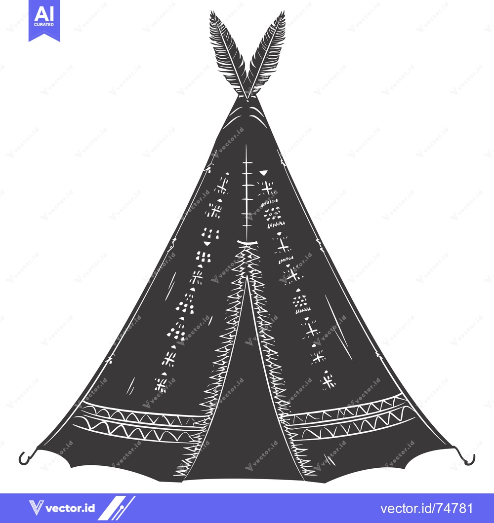 Premium Vector of A Black and White Illustration of a Teepee with Feathers