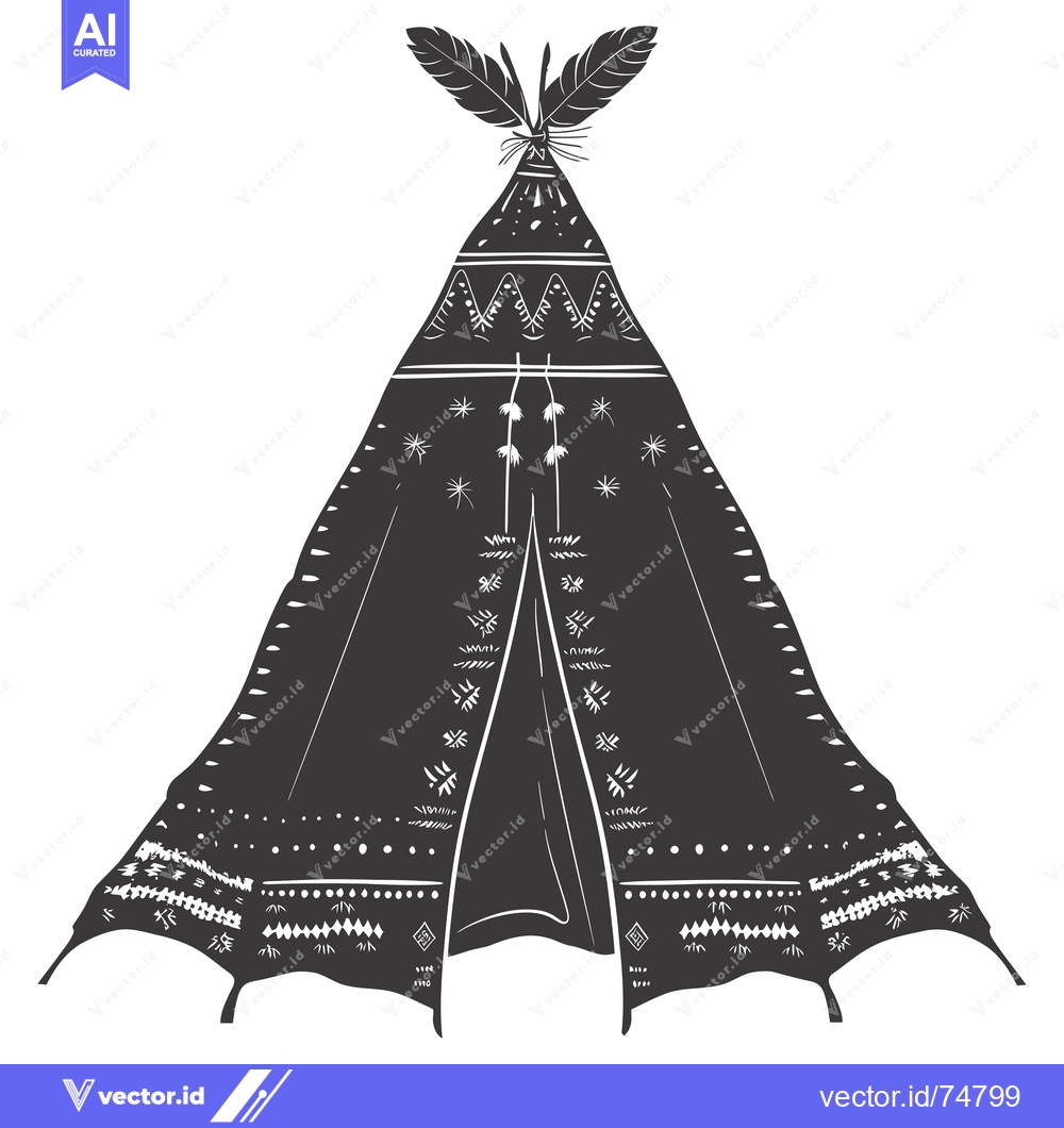 Premium Vector of Black and White Illustration of a Decorated Teepee with Feathers