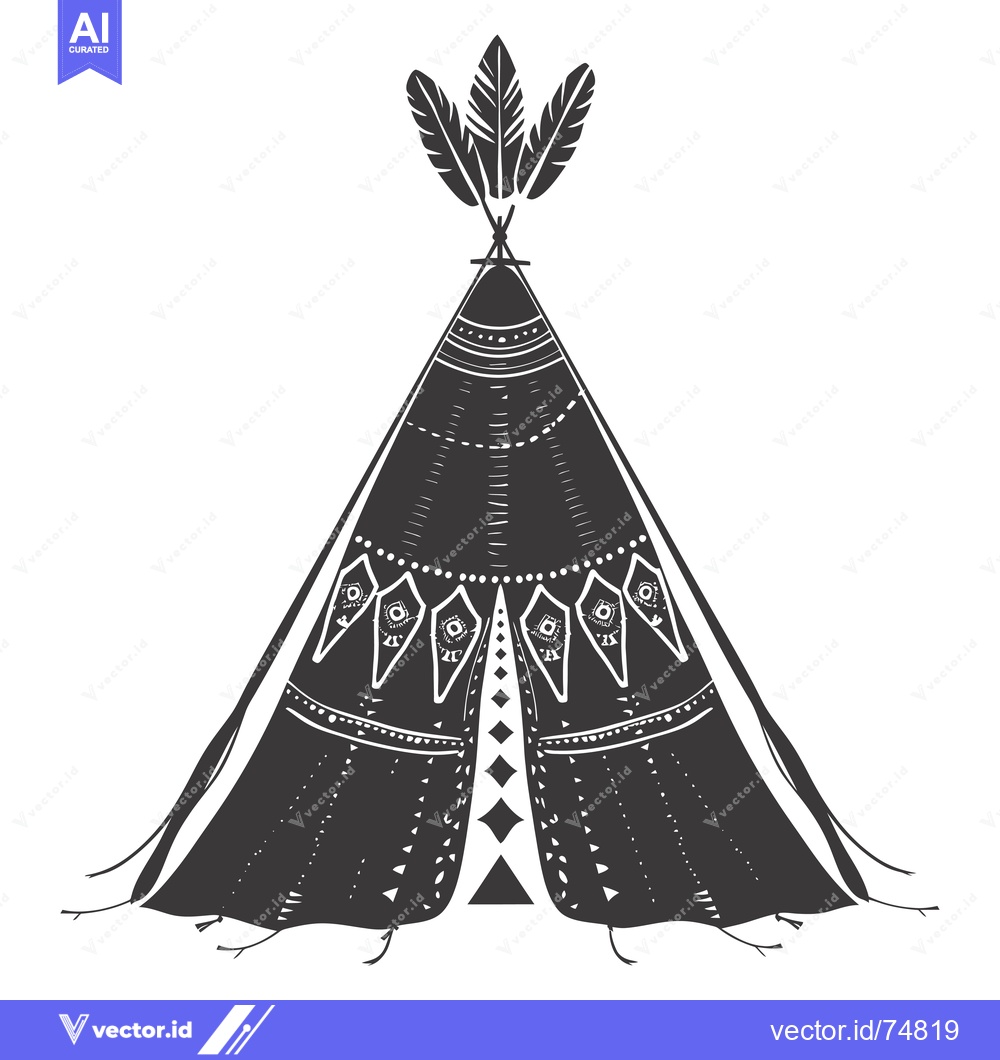 Premium Vector dari Black and White Illustration of a Teepee with Feathers and Geometric P
