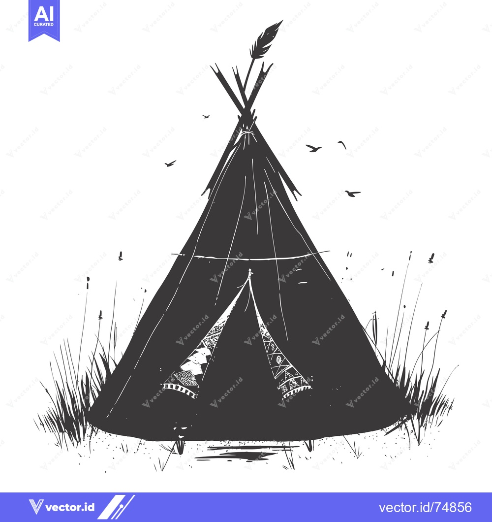 Premium Vector of A Black and White Illustration of a Teepee in Grass with Birds Flying