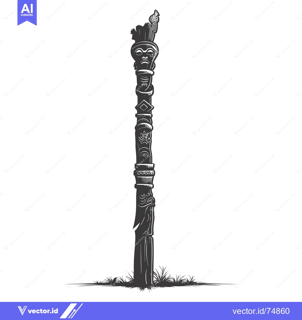 Premium Vector of Ornate Totem Pole with Carved Human Face and Feathers