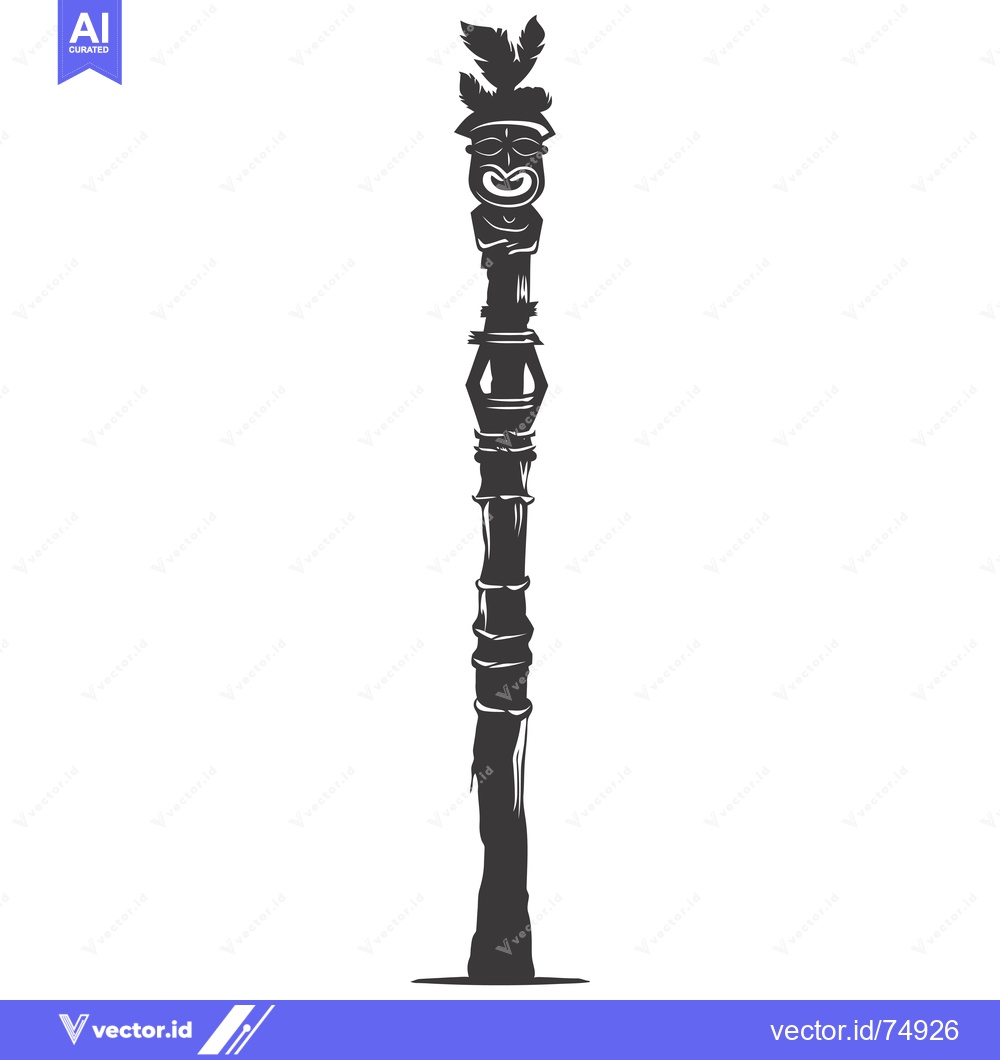 Premium Vector of Carved Wooden Tiki Totem Pole with Face and Feathers