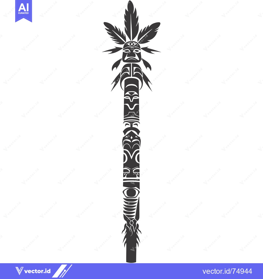 Premium Vector of Black and White Totem Pole with Carved Face and Feathers
