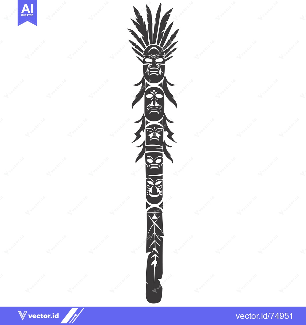 Premium Vector dari Black and White Totem Pole with Feathers and Carved Faces