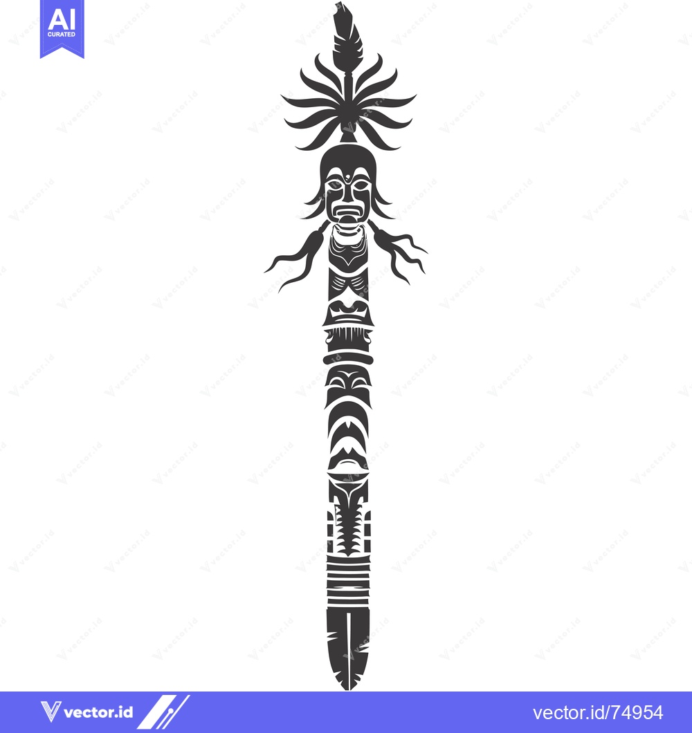 Premium Vector of A Tall, Ornate Totem Pole With Carved Faces and Feather Decoration