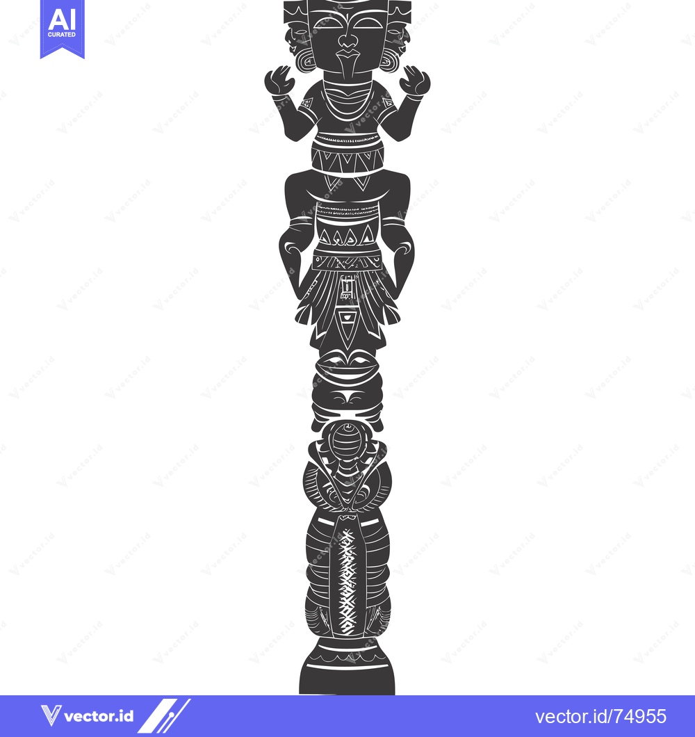 Premium Vector dari Black and White Totem Pole with Three Faces and Geometric Patterns
