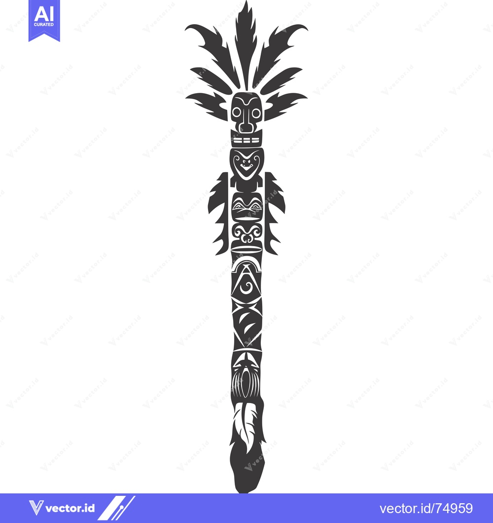 Premium Vector of Black and White Totem Pole with Feathers and Carved Faces