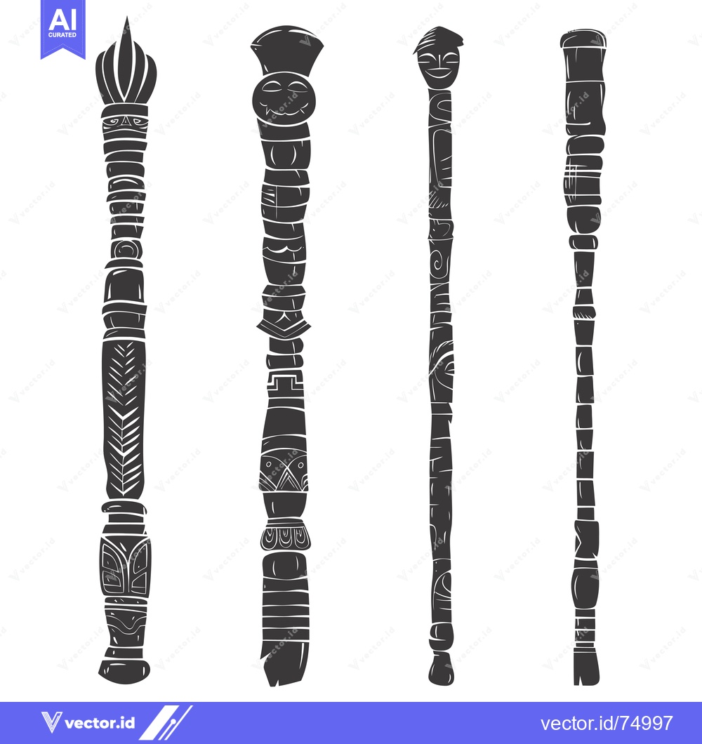 Premium Vector dari Four Ornate, Carved Wooden Totems