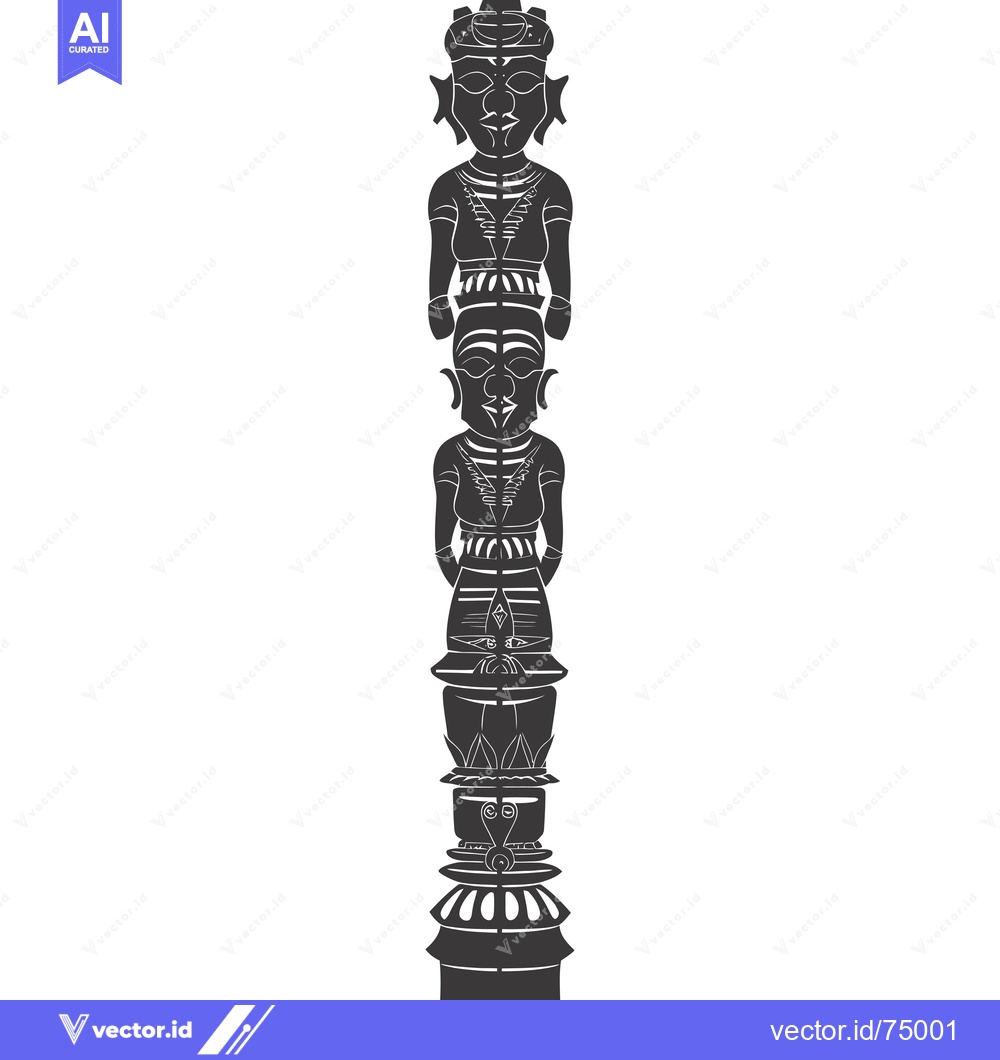 Premium Vector dari Black and White Illustration of a Tall Totem Pole with Three Humanoid