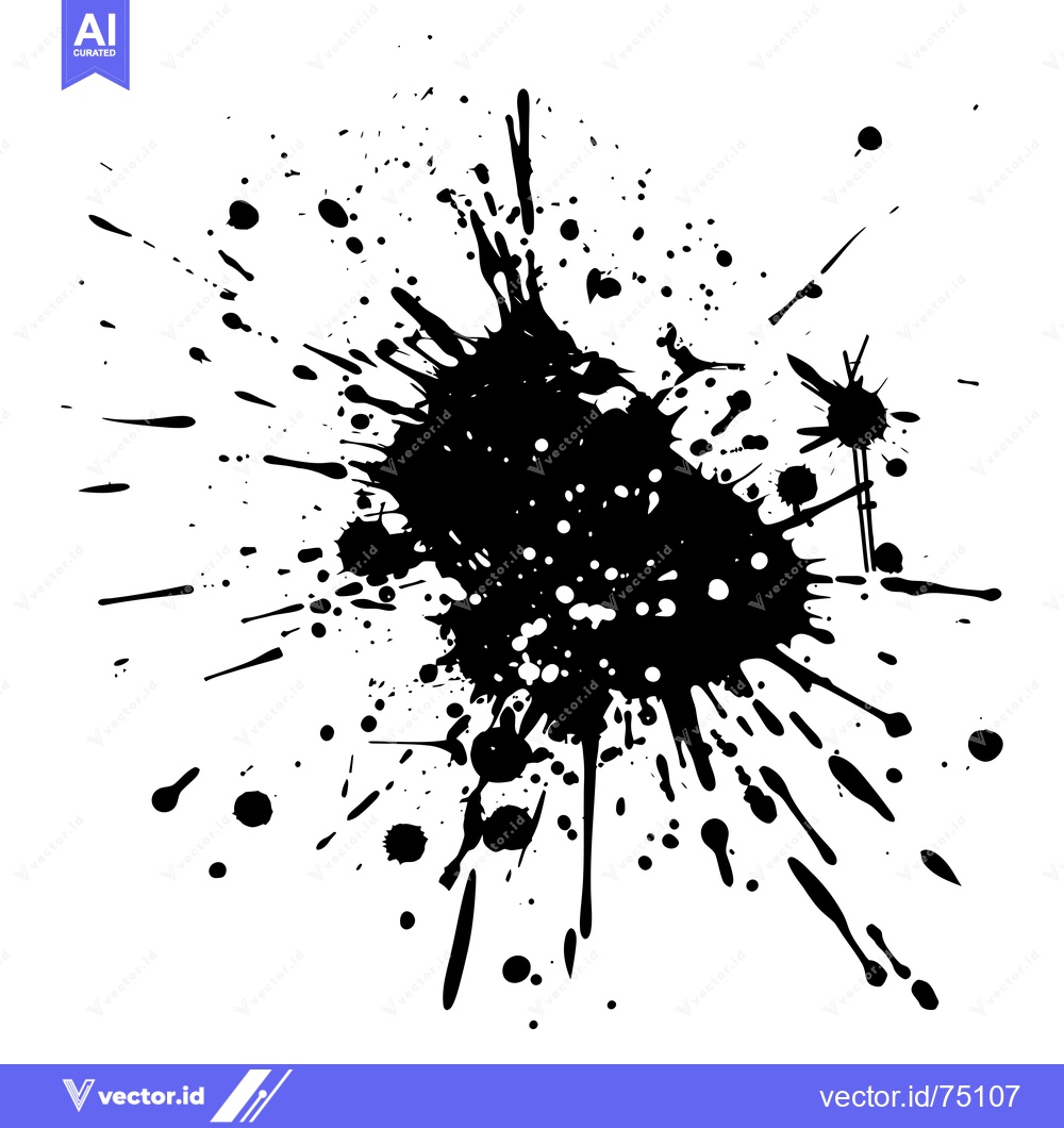 Premium Vector dari Black Ink Splotch with Droplets and Splashes on White Background