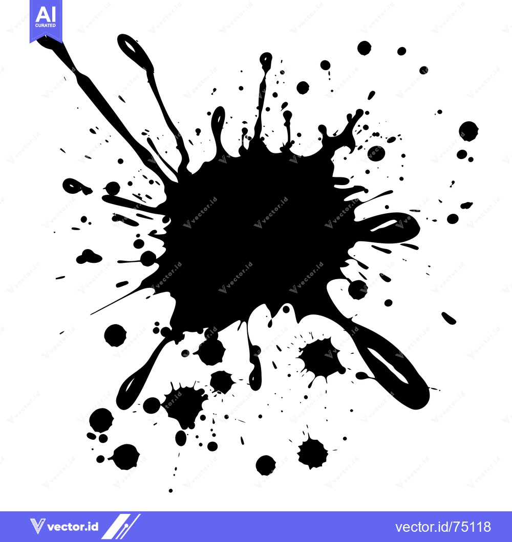 Premium Vector dari A large black ink splatter with smaller droplets scattered around it.