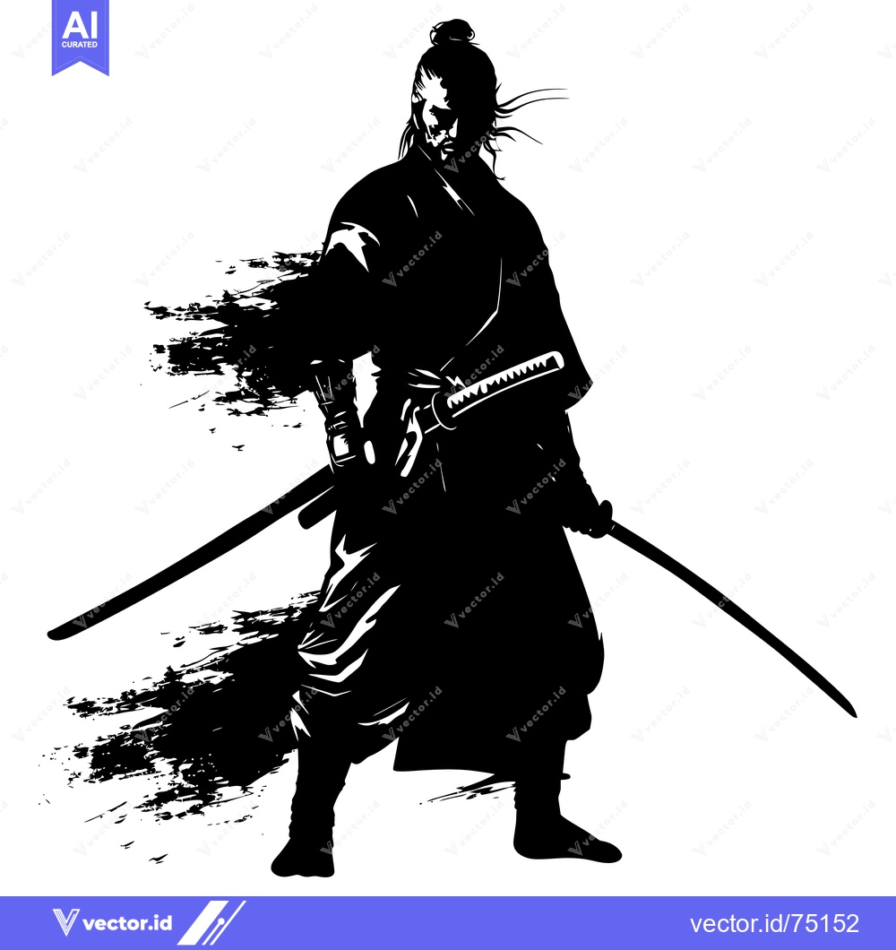 Premium Vector dari Silhouette of a Samurai Warrior with a Sword Drawn in a Black Ink Spla