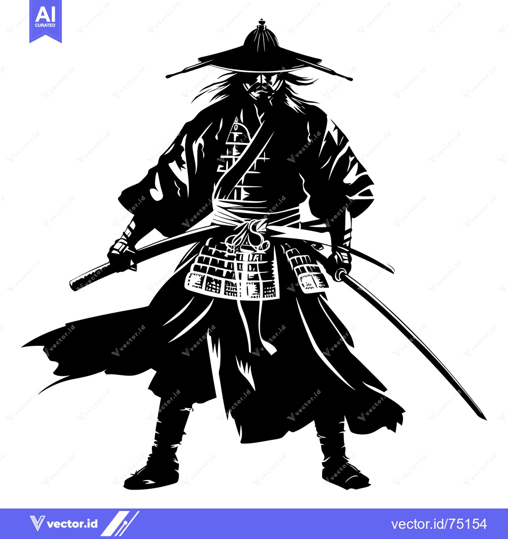 Premium Vector dari A silhouette of a samurai warrior with swords drawn.