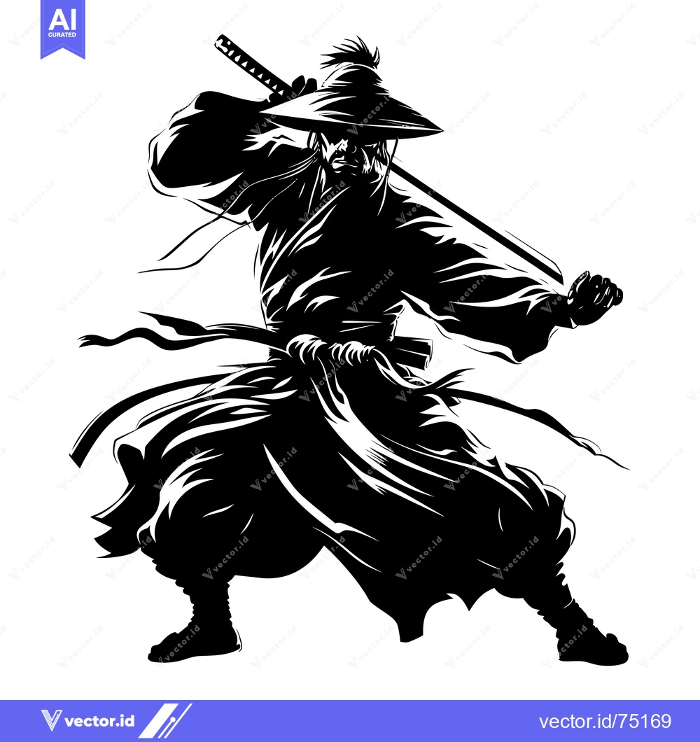 Premium Vector dari A Black and White Silhouette of a Samurai Warrior in Action