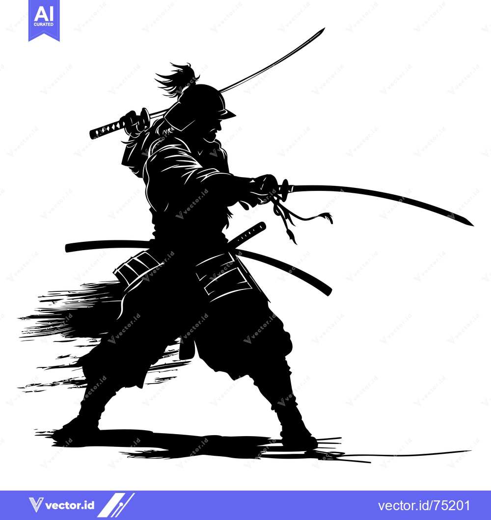 Premium Vector dari Silhouette of a Samurai Warrior in a Combat Stance with Two Swords Dra