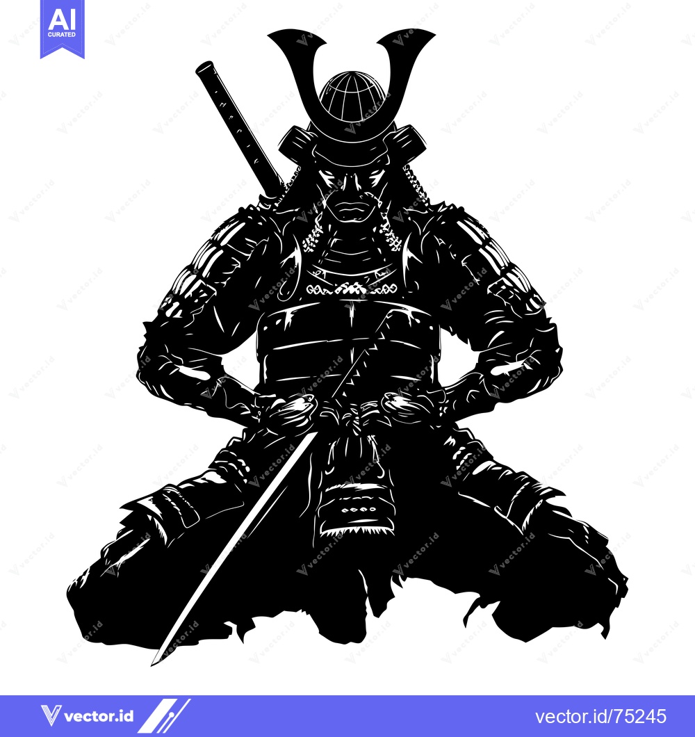 Premium Vector dari A Silhouetted Samurai Warrior in Full Armor, Holding a Katana Sword