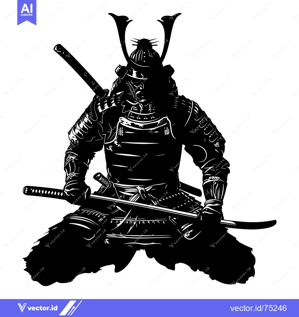 Premium Vector of Black and White Silhouette of a Samurai Warrior in Full Armor Holding
