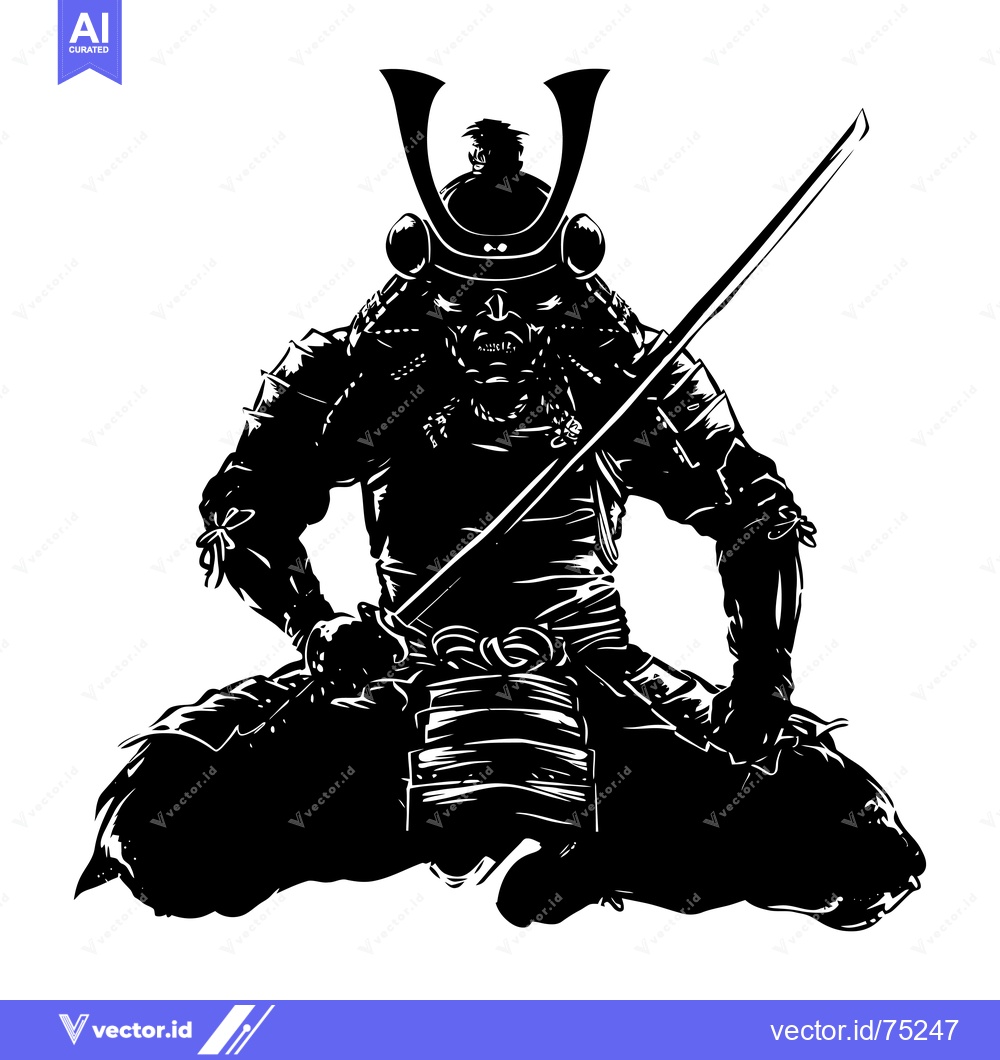 Premium Vector dari A Black and White Silhouette of a Seated Samurai Warrior