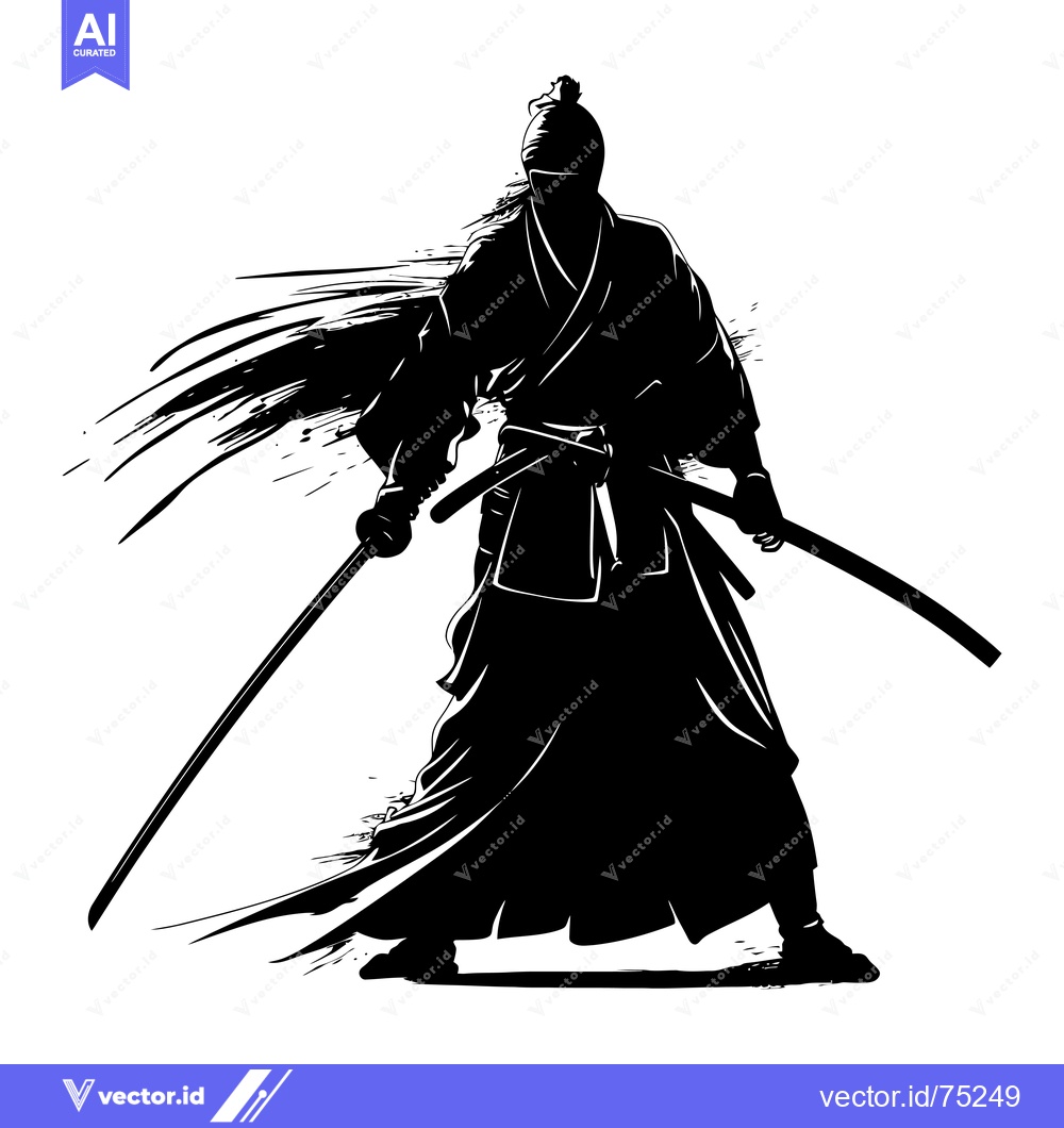Premium Vector of A Silhouette of a Samurai with Two Swords Drawn