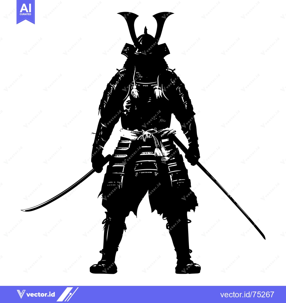 Premium Vector of Silhouette of a Japanese Samurai Warrior in Full Armor Holding Two Swo