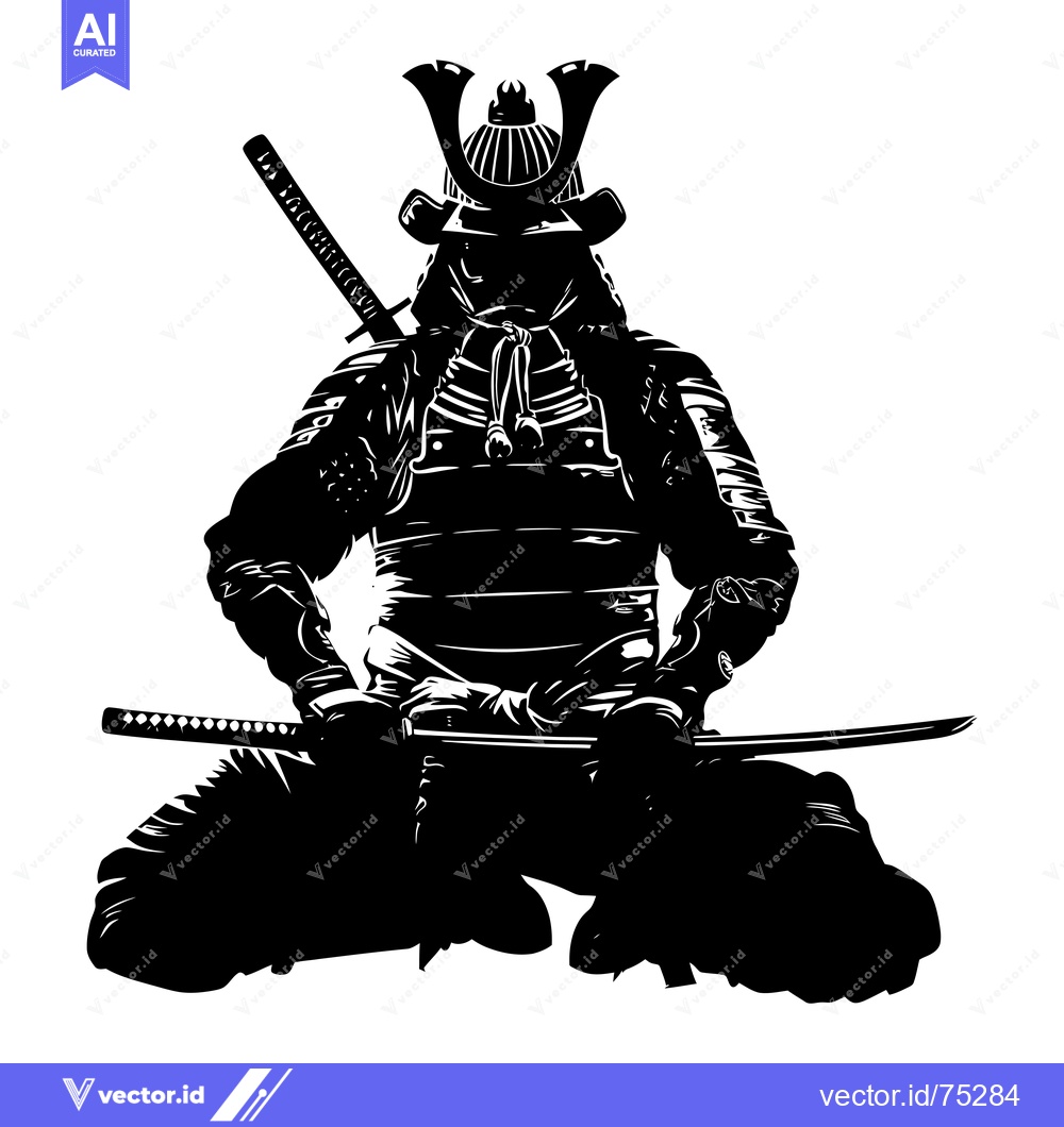 Premium Vector dari Black and White Silhouette of a Seated Samurai Warrior with Swords