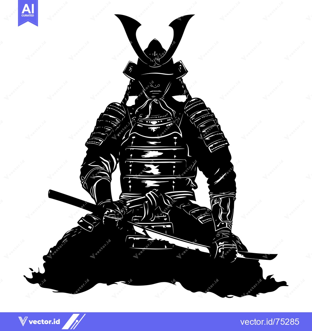 Premium Vector dari A Black and White Silhouette of a Seated Samurai Warrior