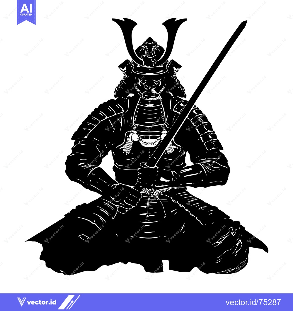 Premium Vector of Black and White Silhouette of a Seated Samurai Warrior Holding a Sword