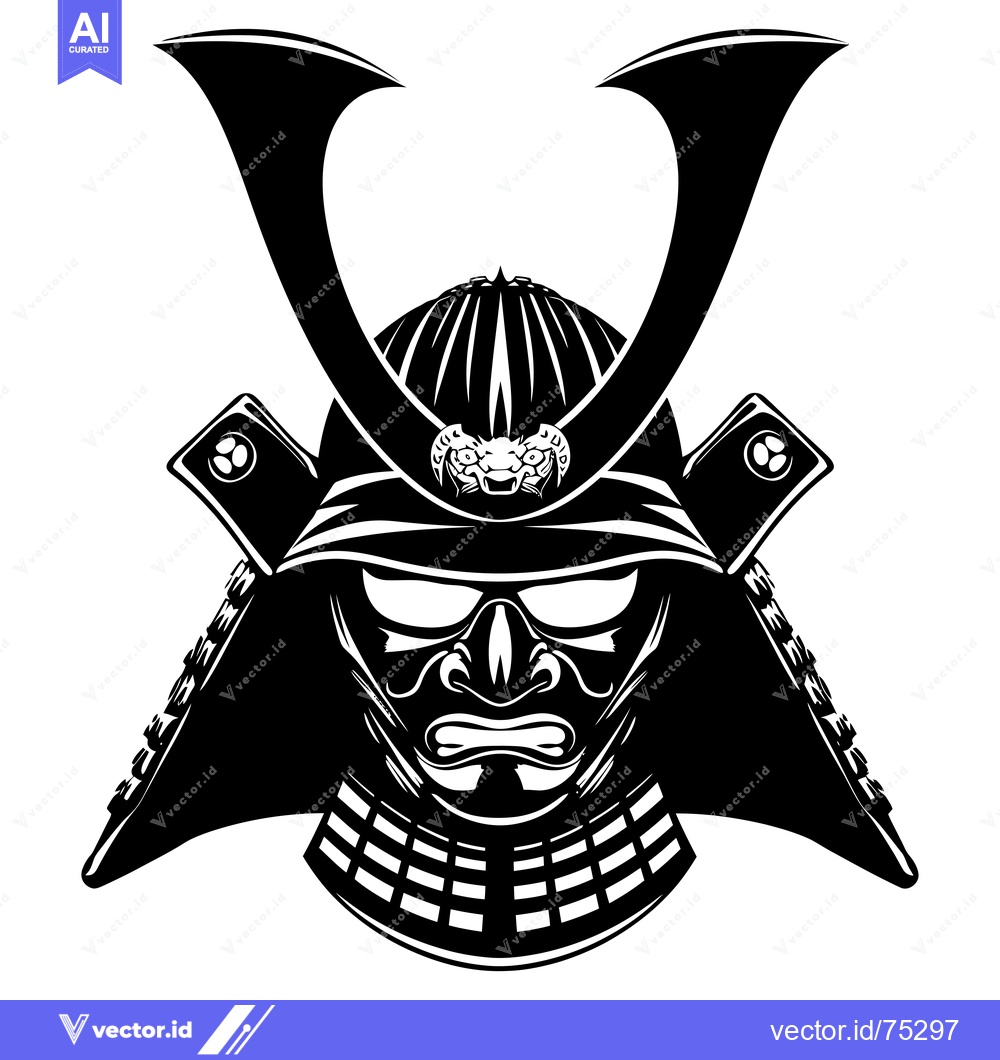 Premium Vector dari Black and White Illustration of a Samurai Helmet with a Snake Design