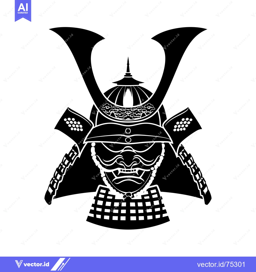 Premium Vector of Black and White Illustration of a Japanese Samurai Warrior Wearing a H