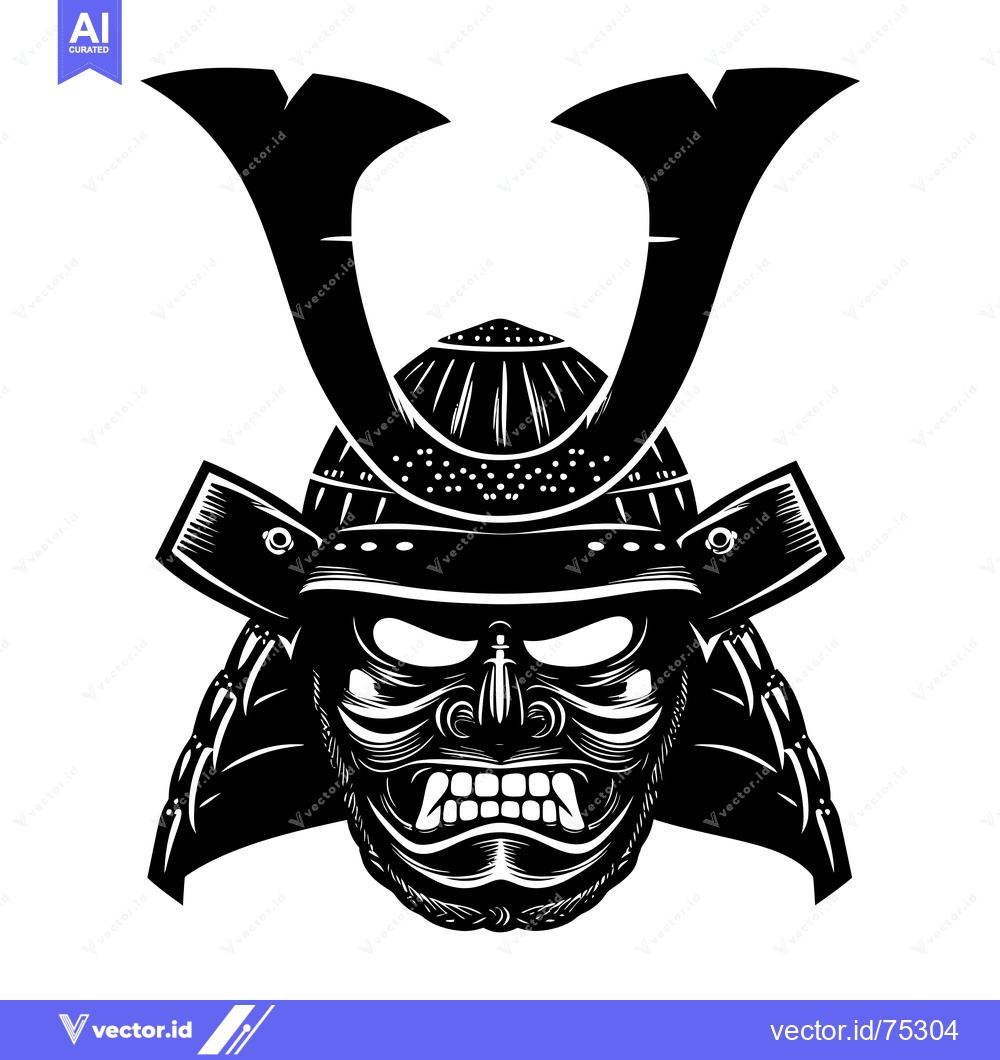 Premium Vector dari Black and White Illustration of a Samurai Warrior's Helmet and Face