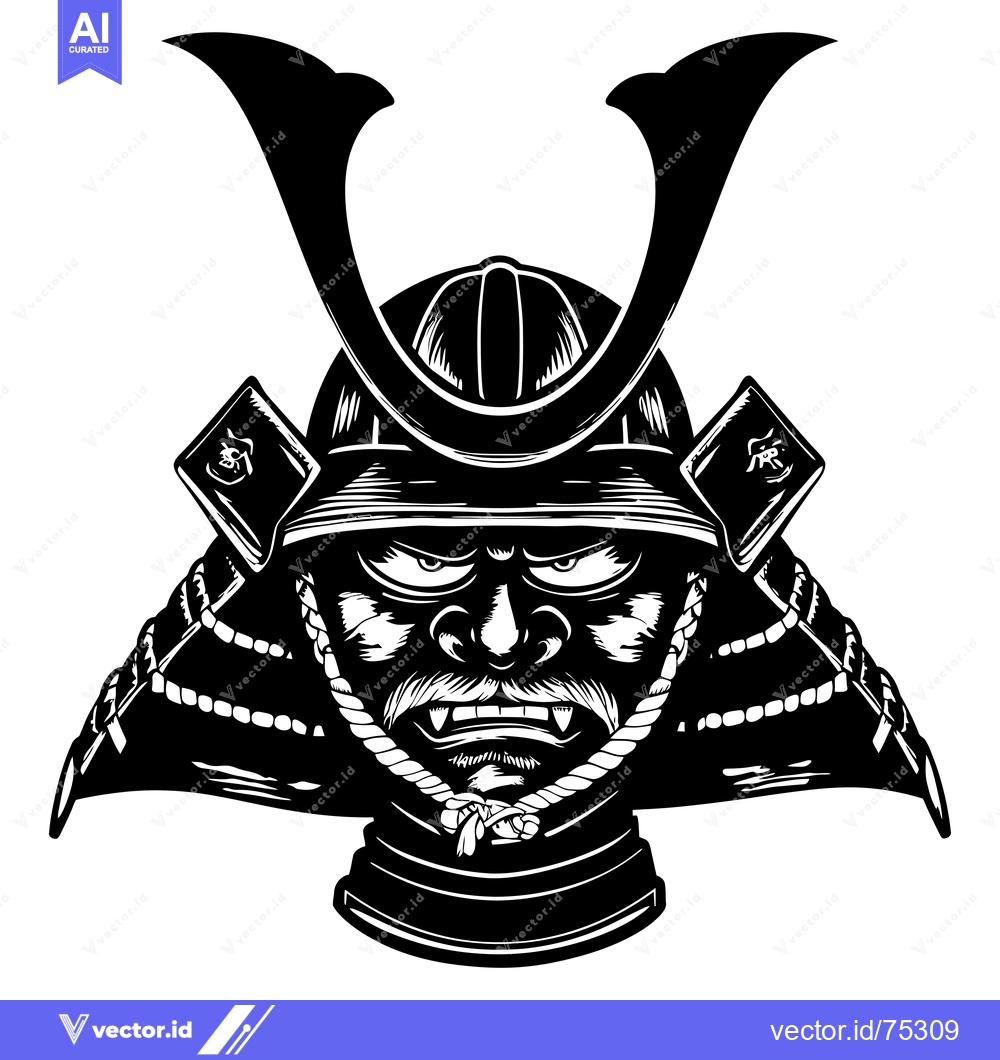 Premium Vector of Black and White Illustration of a Samurai Warrior's Face in Full Armor