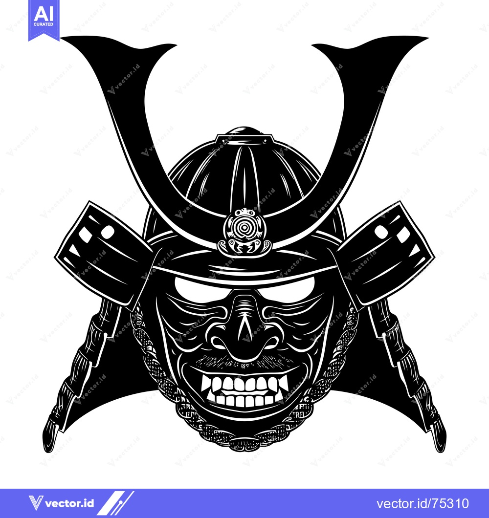 Premium Vector of Black and White Illustration of a Samurai Helmet with a Ferocious Face
