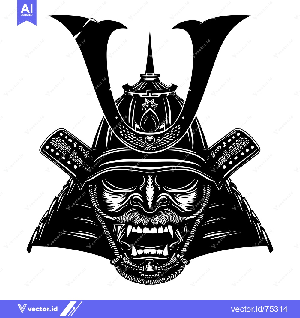 Premium Vector of Black and White Illustration of a Samurai Warrior's Helmet and Face