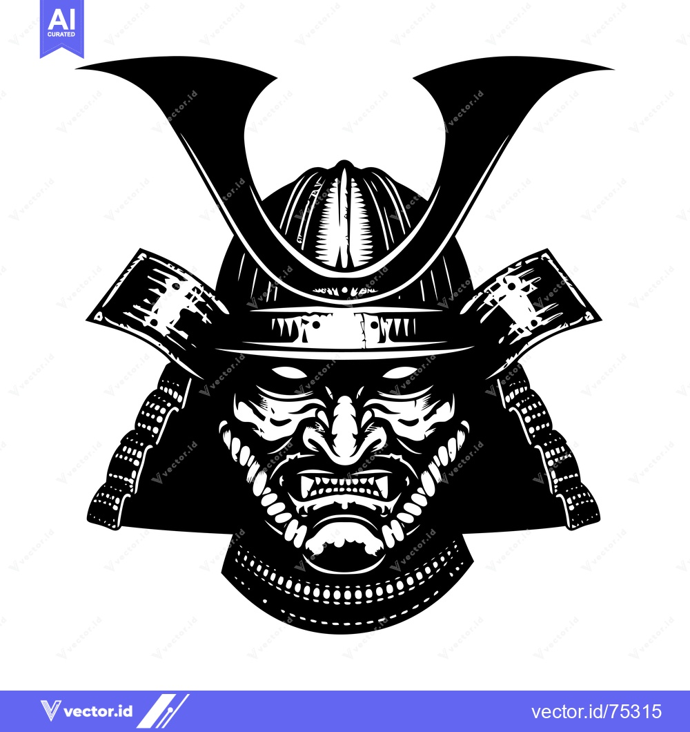 Premium Vector dari Black and White Illustration of a Samurai Warrior's Face with a Helmet