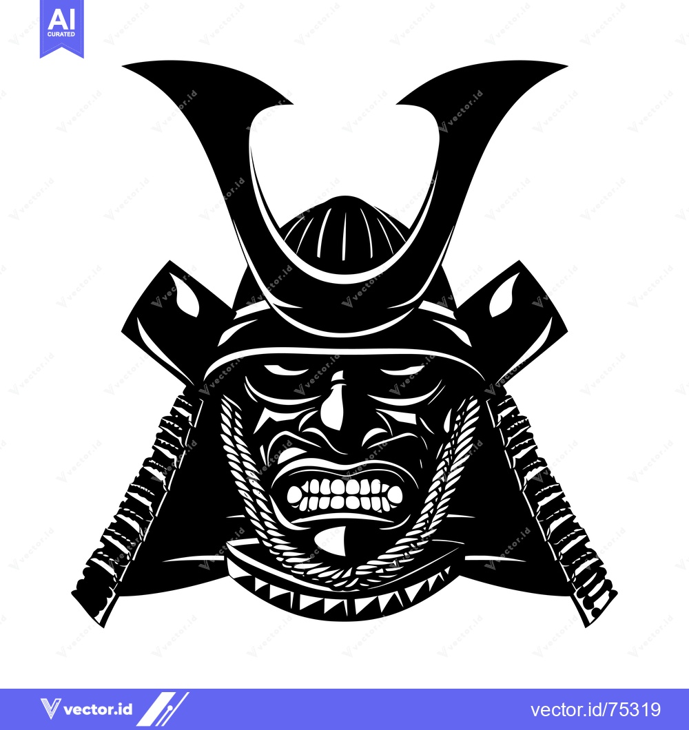 Premium Vector of Black and White Illustration of a Samurai Warrior's Helmet and Face