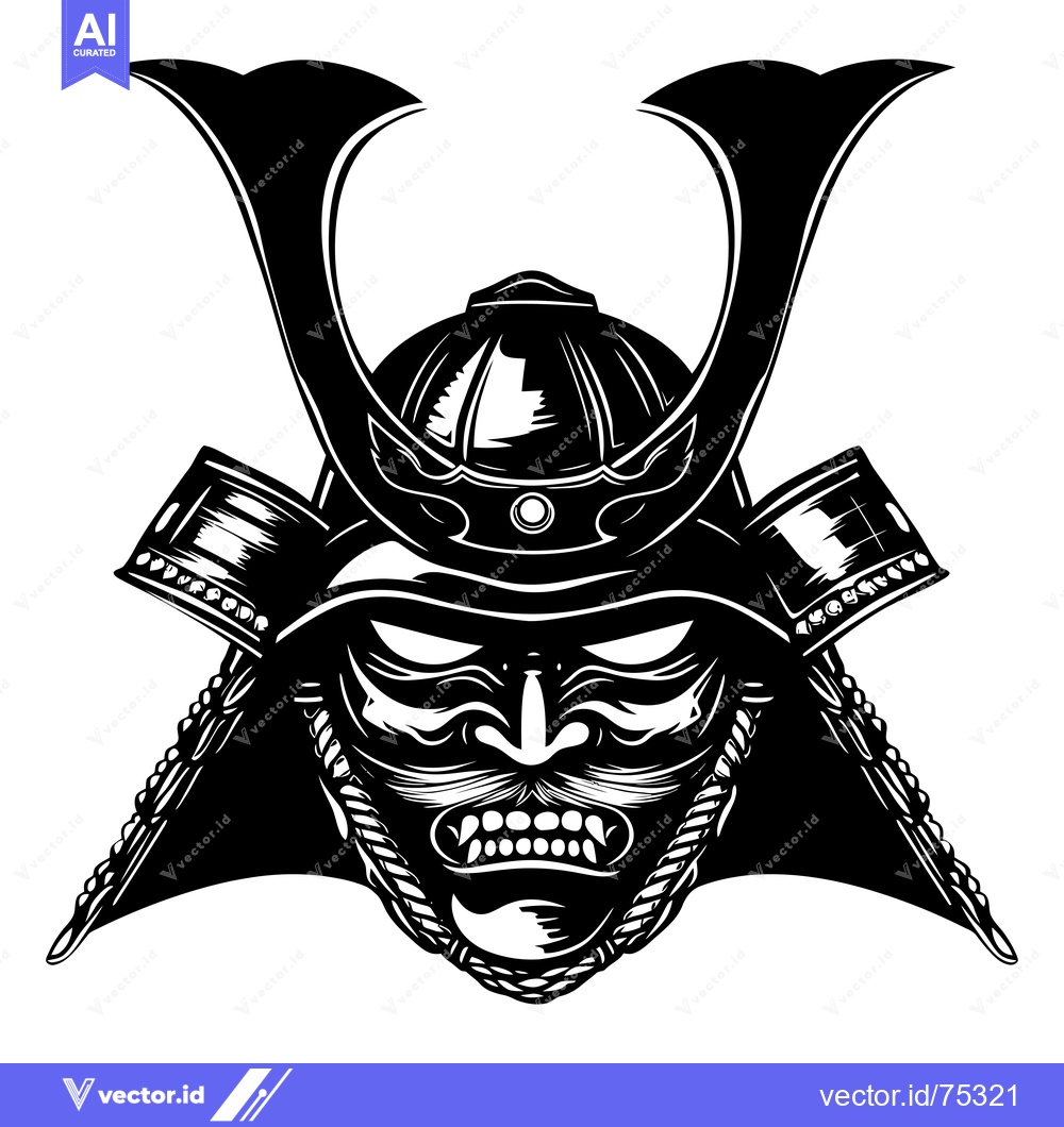 Premium Vector dari Black and White Illustration of a Samurai Warrior's Helmet and Mask