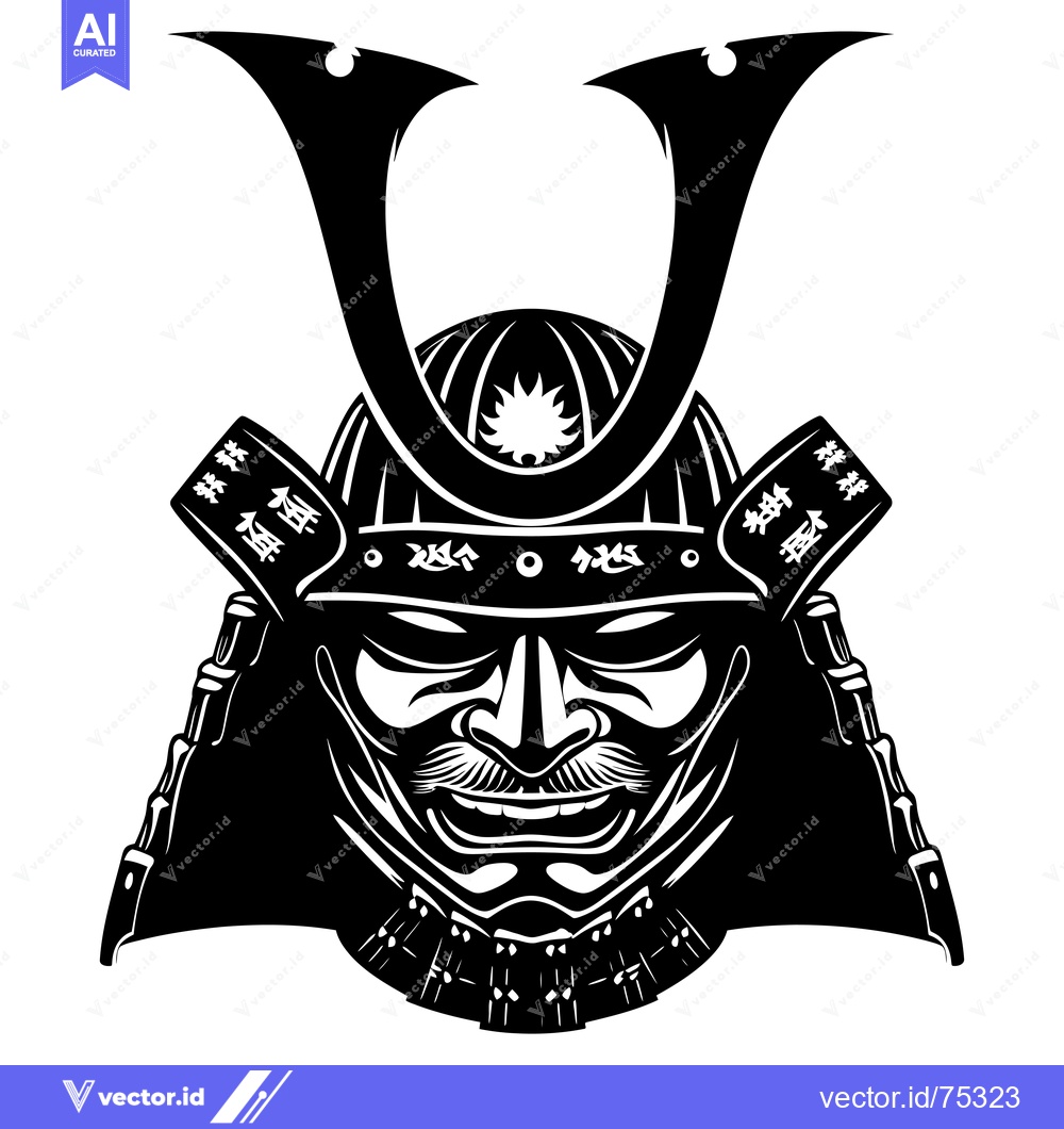 Premium Vector dari Black and white illustration of a samurai warrior's helmet and face