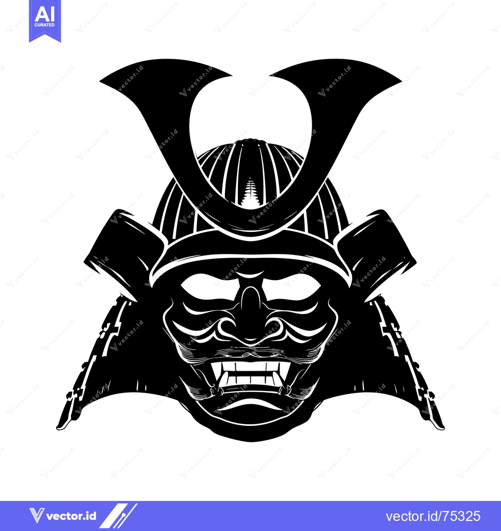 Premium Vector of Black and White Illustration of a Samurai Helmet with a Ferocious Mask