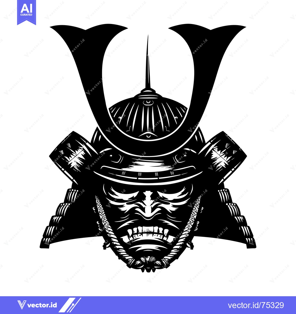 Premium Vector of Black and White Illustration of a Samurai Warrior's Helmet and Face